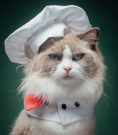 Puff, a Ragdoll cat, wearing a white chef's hat and chef uniform with a red bow against a dark green background